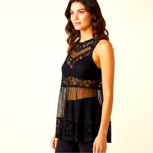 California Moonrise Black Lace Sleeveless Tunic Babydoll Top Sheer Panels XS